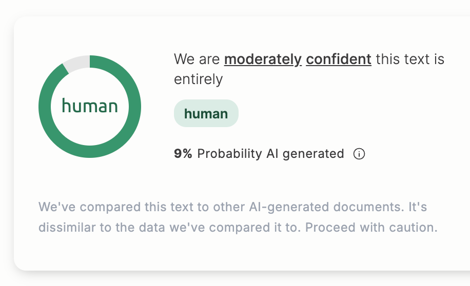 A snippet showing Human rated content with only 9% probability of AI generated