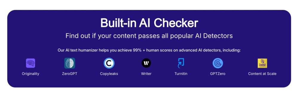 Banner titled Built-in AI Checker showing supported AI detectors Originality, ZeroChatGPT, Copyleaks, Writer, Turnitin, ChatGPTZero, and Content at Scale.