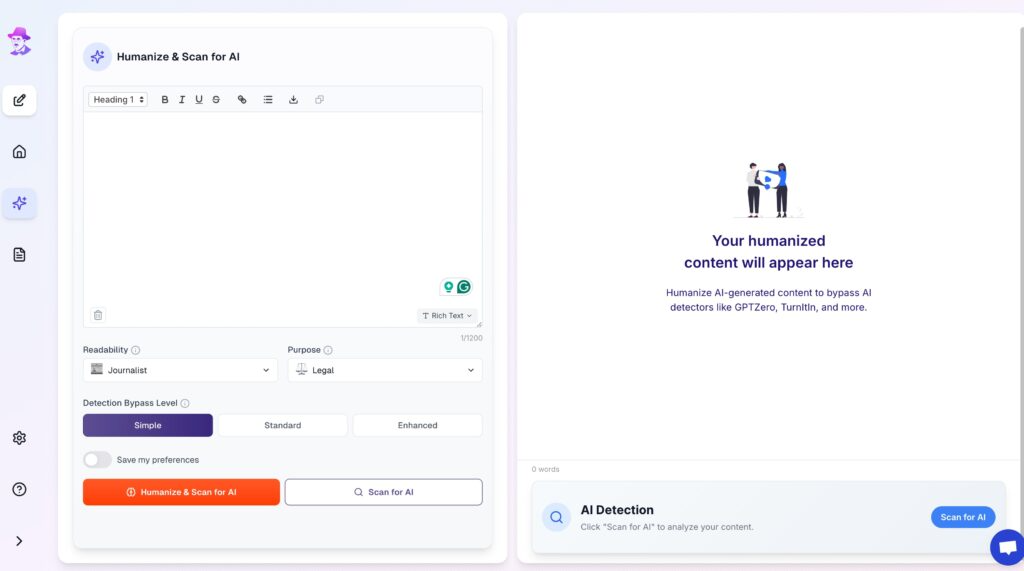 Interface of Walter Writes Tool showing AI Humanizing screen