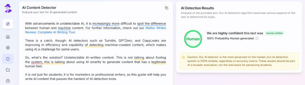 Side by side results for AI detection and results showing 100% human generated