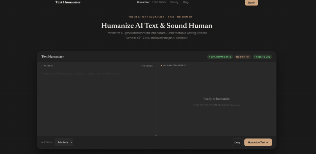 Dark-themed AI text humanizer interface showing a split-screen editor for converting AI-generated text into natural human writing. The page headline reads 'Humanize AI Text & Sound Human' with claims about bypassing Turnitin, ChatGPTZero, and AI detectors. Features shown include scholarly mode, humanized output preview, copy button, and 'Humanize Text' action button.