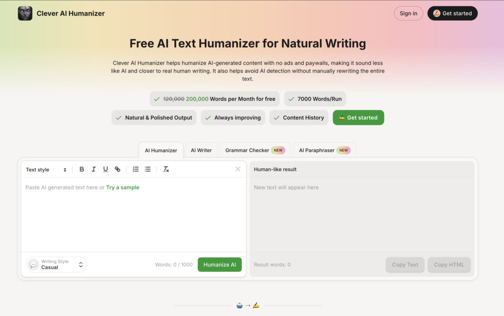 Clever AI Humanizer homepage with side-by-side editor and 200,000 free words per month for humanizing AI-generated text.