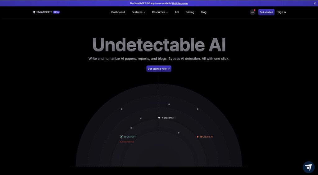 De homepage van StealthGPT toont de AI-detectieradarvisualisatie en de tagline die ondetecteerbare AI-inhoud voor artikelen, rapporten en blogs promoot.