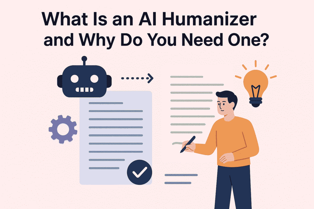 Illustratie van de transformatie van robotische AI-gegenereerde tekst in mensachtig schrift met behulp van een AI humanizer-tool