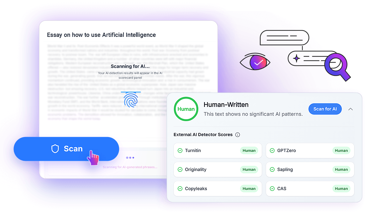 AI content detection and humanization tool ensuring AI-generated text is plagiarism-free and undetectable.