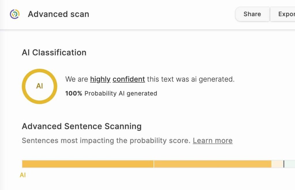 GPTZero AI Detection Report – 100% AI-Generated Classification Result GPTZero advanced scan result showing 100% probability that the text is AI generated, with a highly confident AI classification and sentence-level impact bar