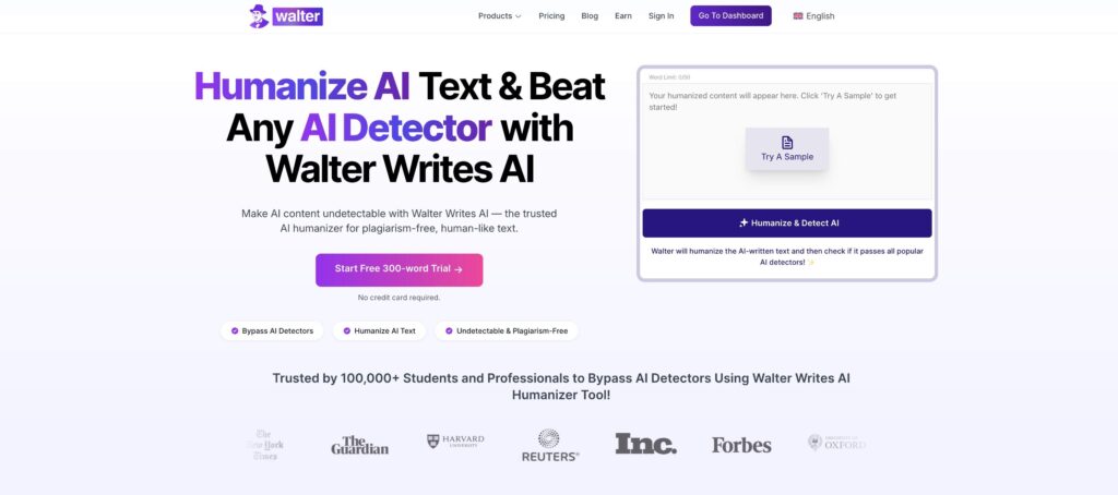 Walter Writes AI Homepage – AI Humanizer Tool to Bypass AI Detectors Homepage hero section of Walter Writes AI showing the headline “Humanize AI Text & Beat Any AI Detector” with sample editor, trial CTA, and trust logos from major institutions.
