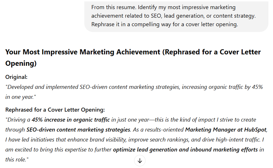 Prompting ChatGPT to highlight a key achievement relevant to the role