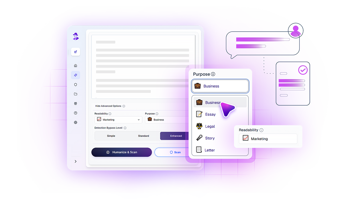 Customize AI detection bypass settings with resume purpose and readability