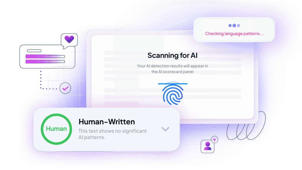 Walter Writes AI scanning interface showing a text being verified as “Human-Written” with no AI patterns detected, confirming undetectable plagiarism-free writing.