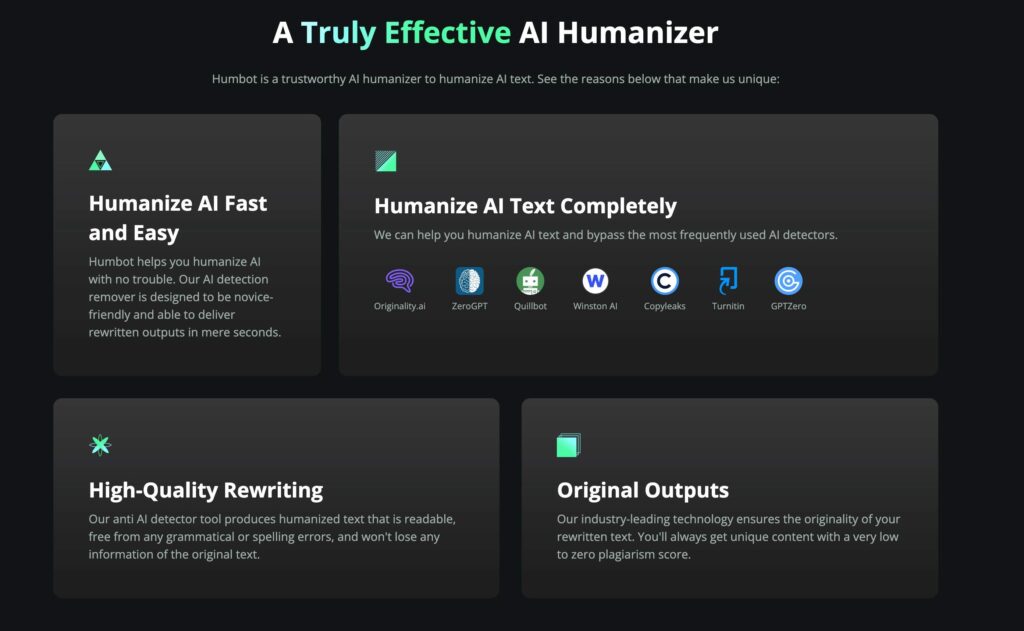 Key benefits of Humbot AI including AI detection bypass, fast rewriting, high-quality output, and support for detectors like Turnitin and ChatGPTZero