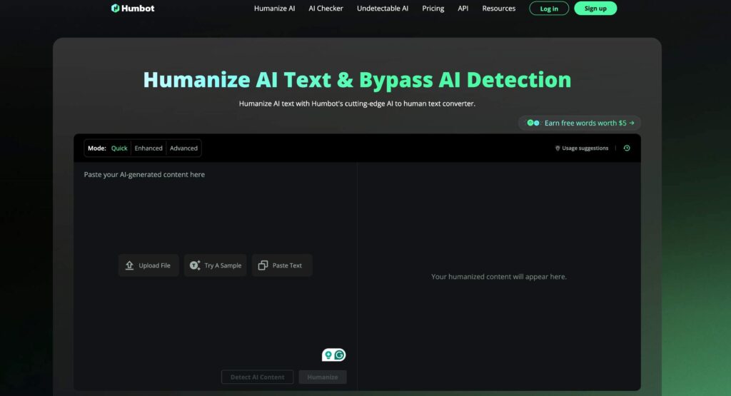 Humbot AI interface with quick, enhanced, and advanced modes for converting AI-generated text to human-like content