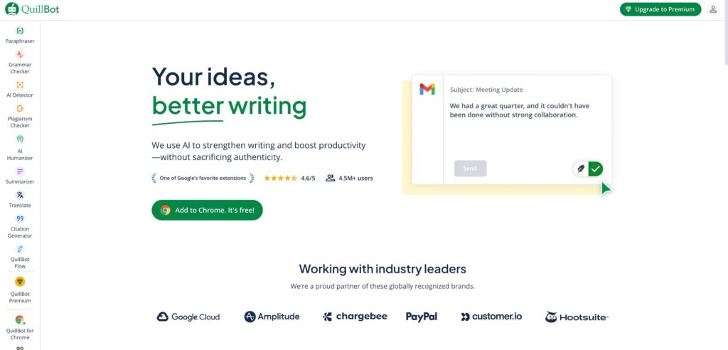 QuillBot homepage showcasing AI tools including paraphraser, grammar checker, AI humanizer, and Chrome extension