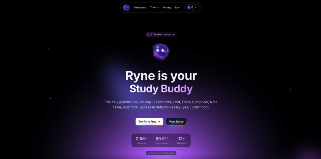 Ryne AI homepage featuring humanizer tool with study-focused branding, high success rate, and Turnitin bypass claims