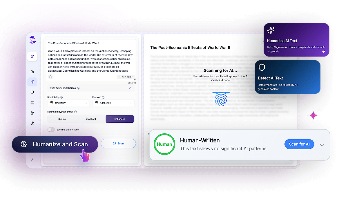 AI detection scorecard in Walter Writes AI showing passed results from GPTZero, Turnitin, and Originality.AI.