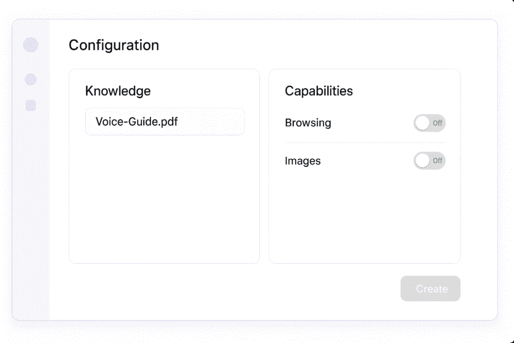 Configuration screen showing Voice-Guide.pdf attached and Browsing and Images toggles set to Off.