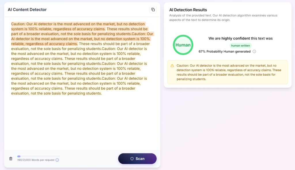 Screenshot of an AI content detector showing a 67% probability that the text is human-written, along with a caution message stating that no AI detection system is 100% reliable and results should not be used alone to penalize students.