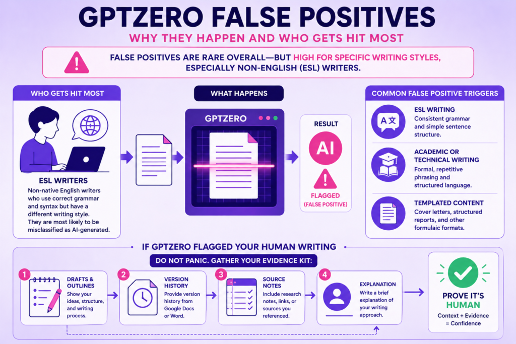 Infographic explaining ChatGPTZero false positives, showing causes, affected groups like ESL writers, and steps to prove writing is human.