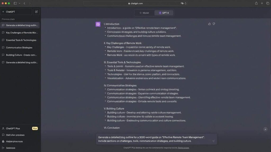 ChatGPT Plus generating detailed blog outline with multiple sections"Purpose: Show the advanced capabilities in action