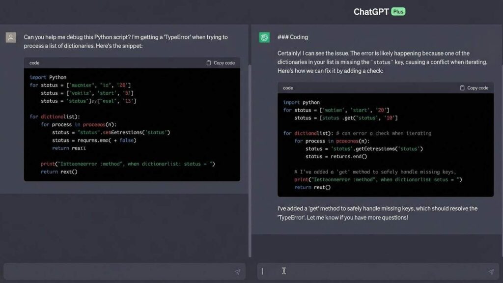 Side by side screenshot showing ChatChatGPT and ChatChatGPT Plus debugging Python code, highlighting the difference in clarity and accuracy.
