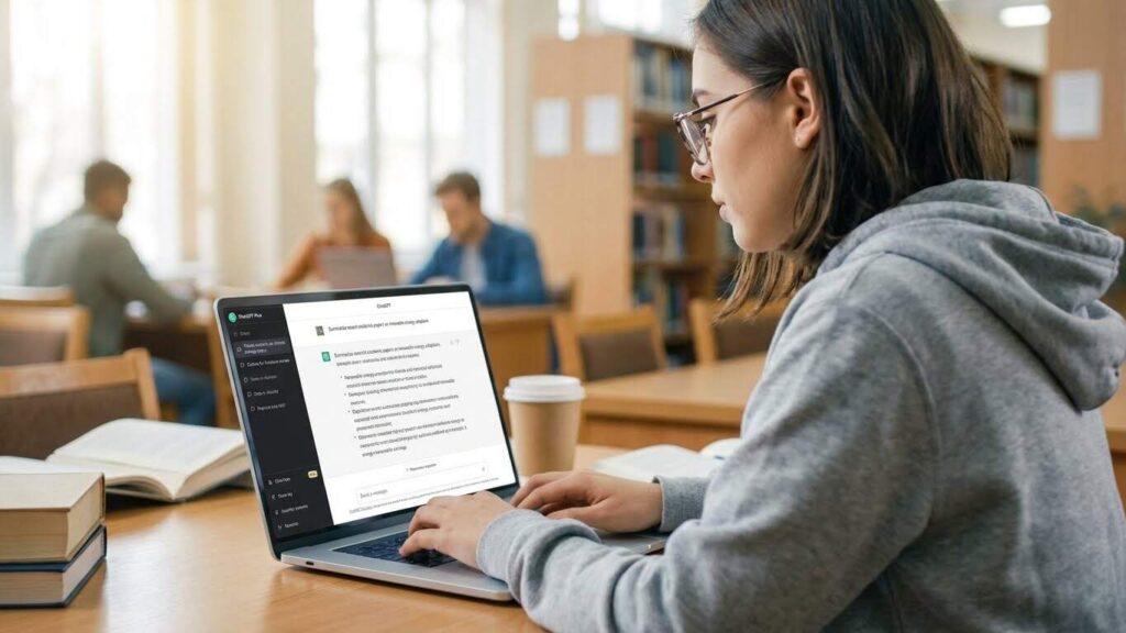 Student sitting in a library using ChatChatGPT Plus on a laptop to study and write, with books and classmates in the background.

