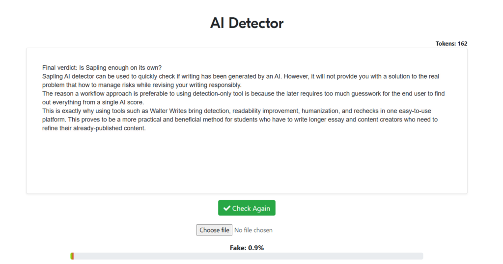 Sapling AI detector test score