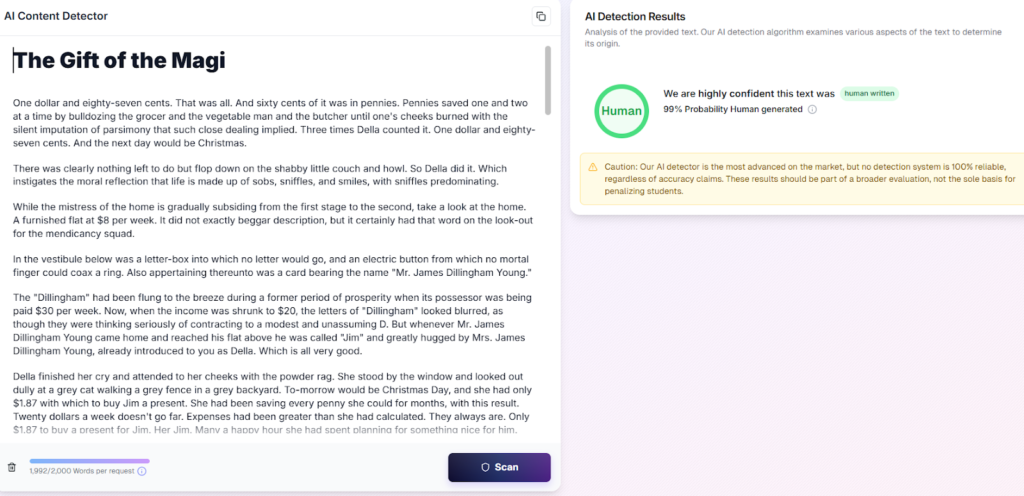 Walter Detector results: Human creative writing. Shows Human detection.