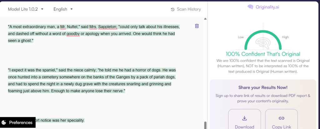 Originality.ai Results: Creative Writing (Human)
