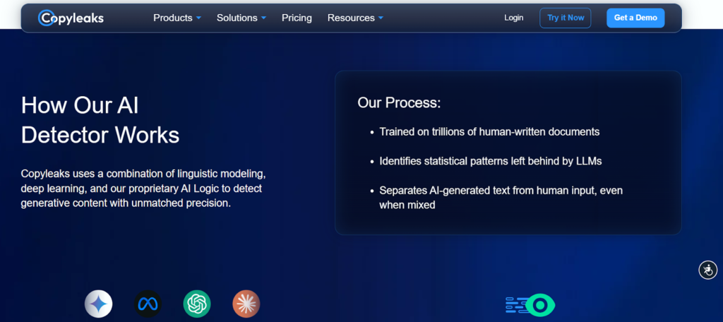 Copyleaks webpage section explaining how its AI detector works, featuring a description of linguistic modeling, deep learning, and proprietary AI logic.