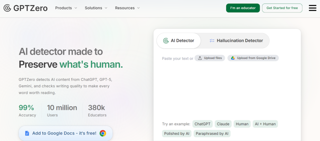 ChatGPTZero homepage highlighting its AI detector with the tagline “Preserve what’s human,” alongside stats on accuracy, users, and educators.