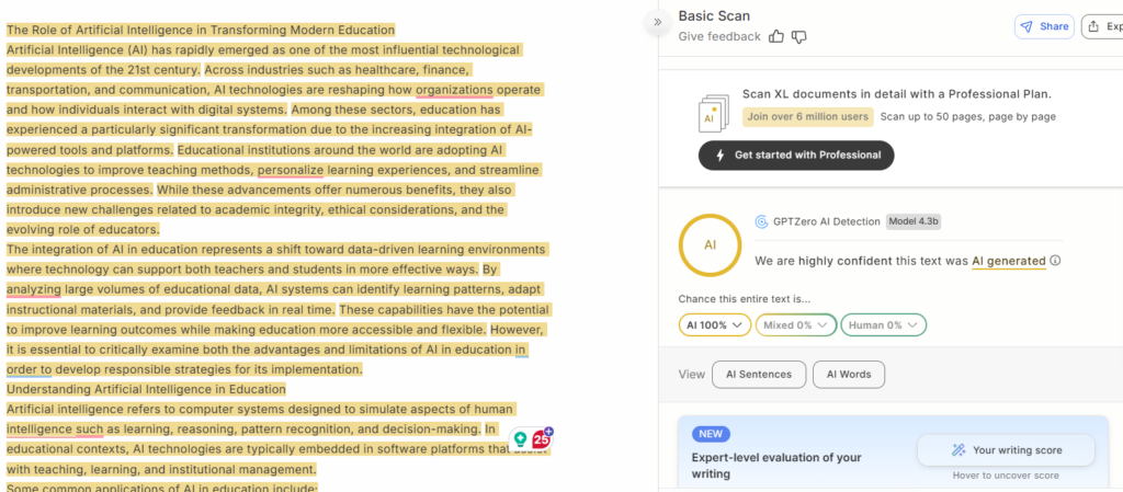 Copyleaks Results: Academic Essay (AI)