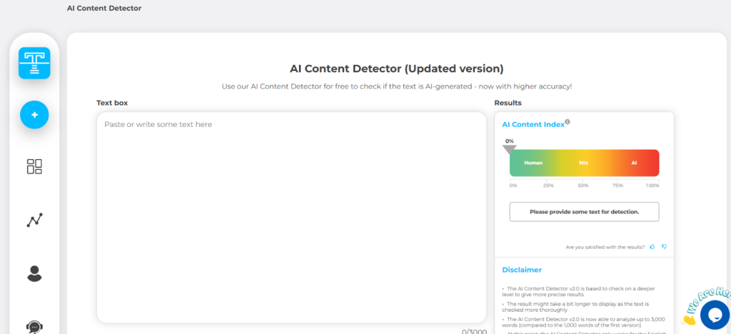 Crossplag's AI Content Detector interface showing a text input box for analyzing content and a results panel with an AI content index scale from human to AI.
Includes accuracy update note, detection disclaimer, and options to submit text and review AI probability results.