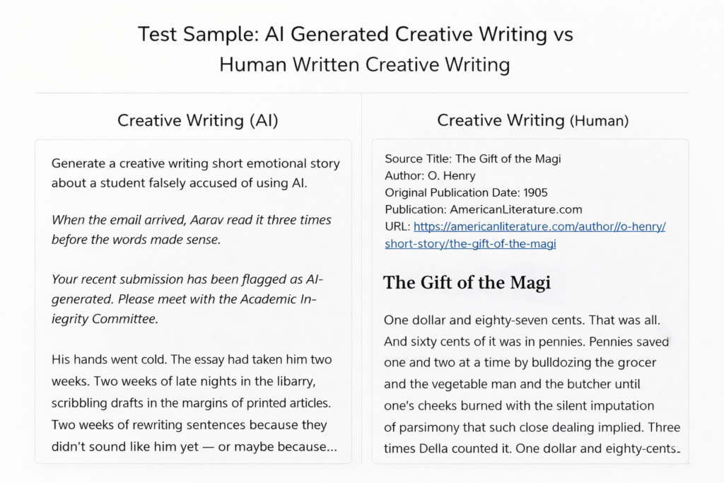 Screenshot of test creative writing we used. Both human and AI text.