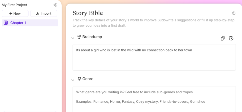 sudowrite feature: story bible