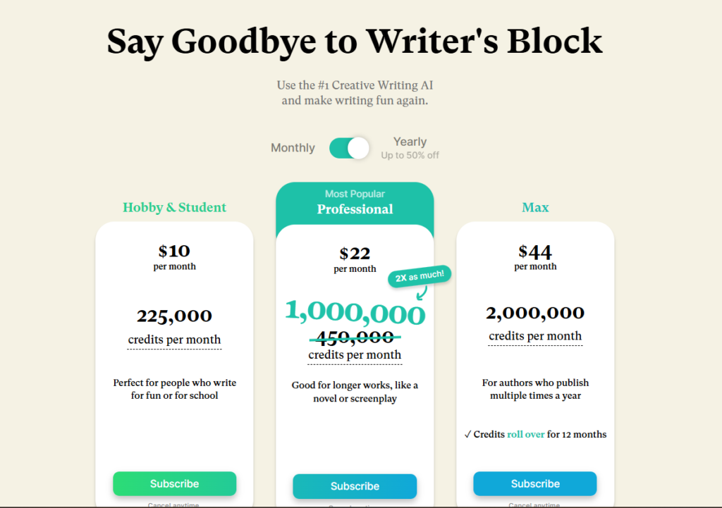 sudowrite pricing
