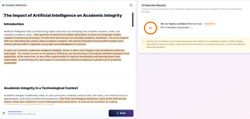 Walter Detector results: AI essay. Shows AI detection.