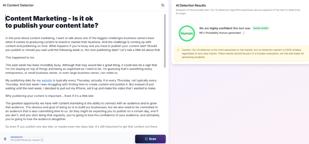 Walter Detector results: Human Linkedin Post. Shows AI detection.