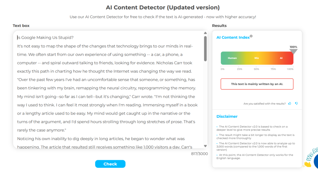 Crossplag results: human essay. Shows Ai detection.