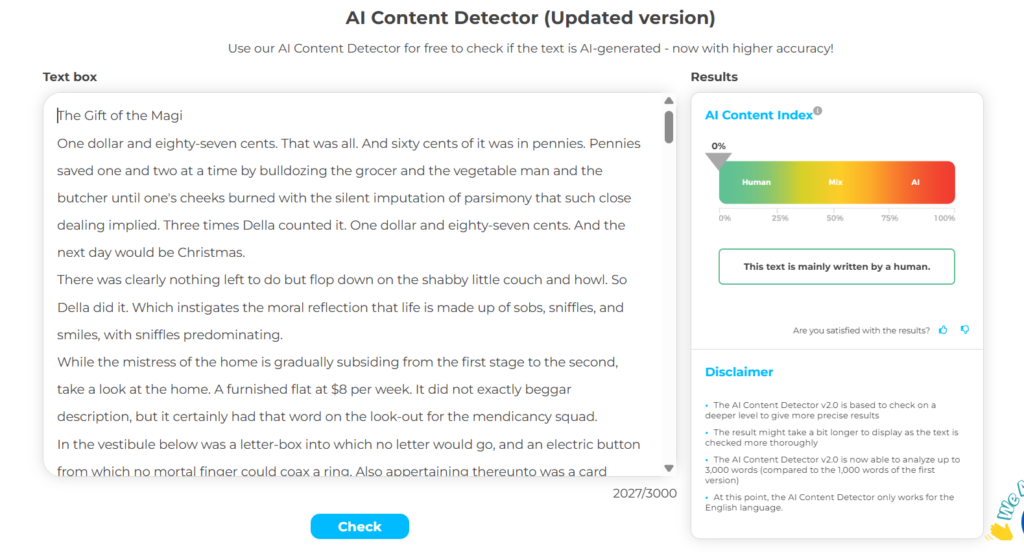 Crossplag results: AI creative writing. Shows human detection.