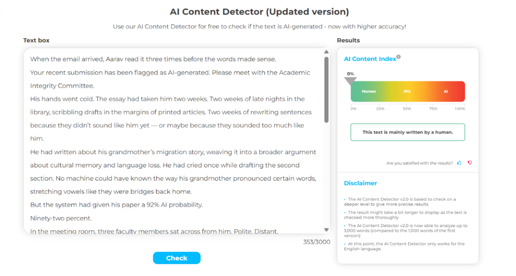Crossplag results: human creative writing. Shows human detection.