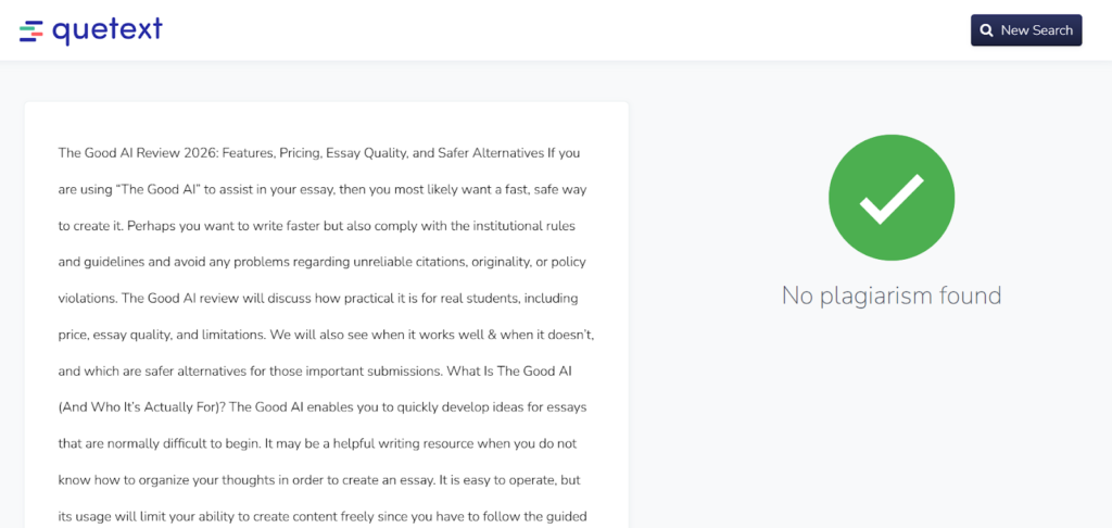 Quetext plagiarism checker result screen showing a green checkmark with “No plagiarism found.” The interface displays the scanned document text alongside the originality confirmation.