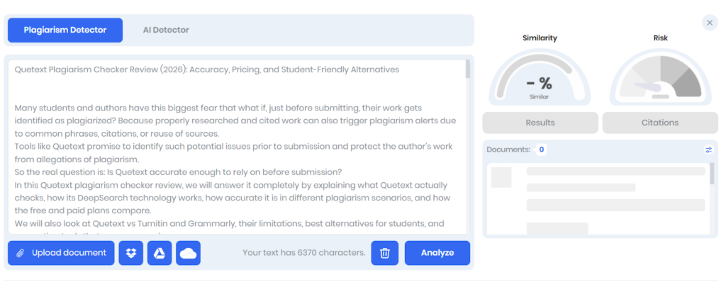 Plagium review: similarity and risk screenshot