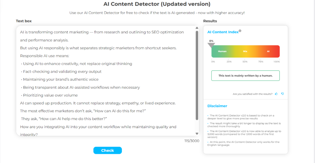 Crossplag results: AI LinkedIin post. Shows human detection.