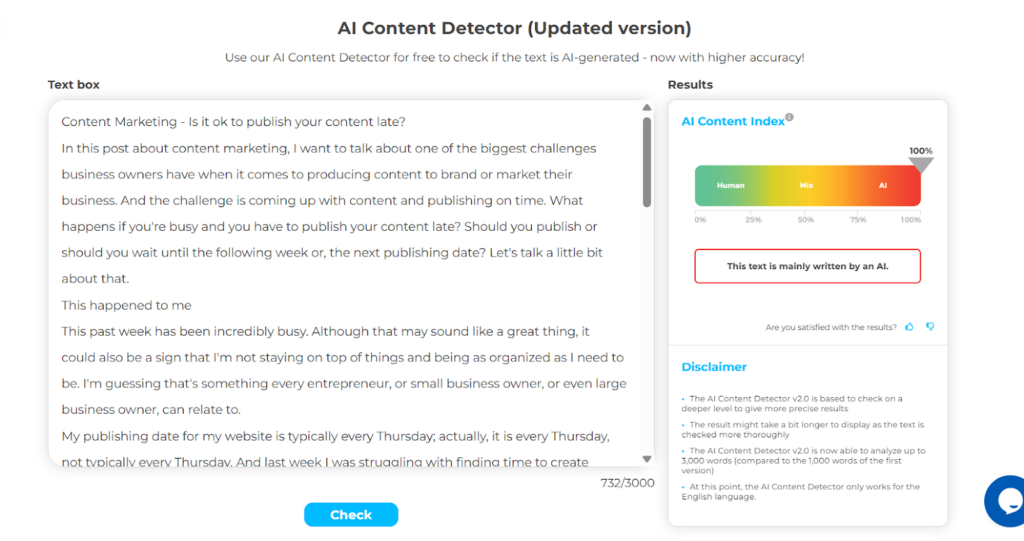 Crossplag results: Human LinkedIin post. Shows AI detection.