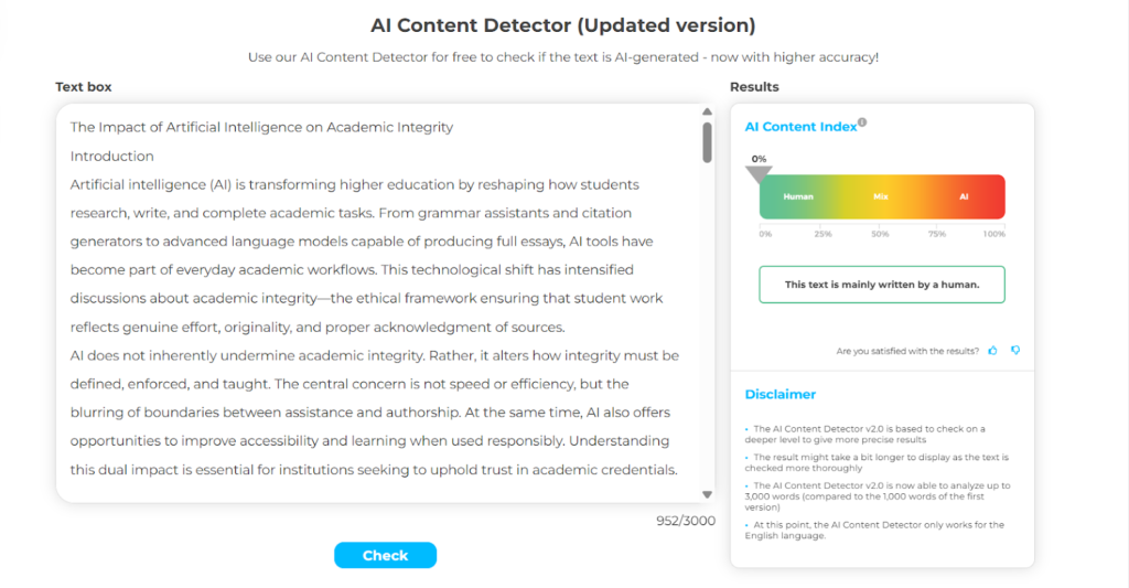 Crossplag results: AI essay. Shows human detection.