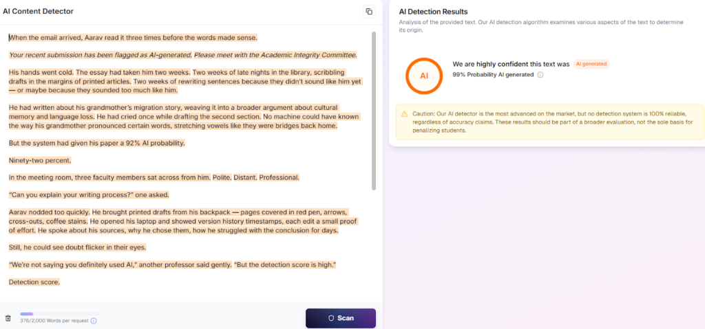 Walter Detector results: AI creative writing. Shows AI detection.
