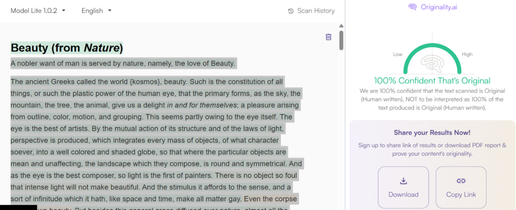 Originality.ai Results: Academic Essay (Human)