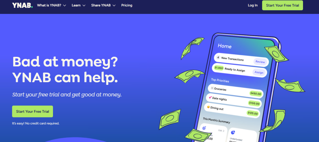 A YNAB homepage features a bold headline encouraging better money habits with a free trial offer.
