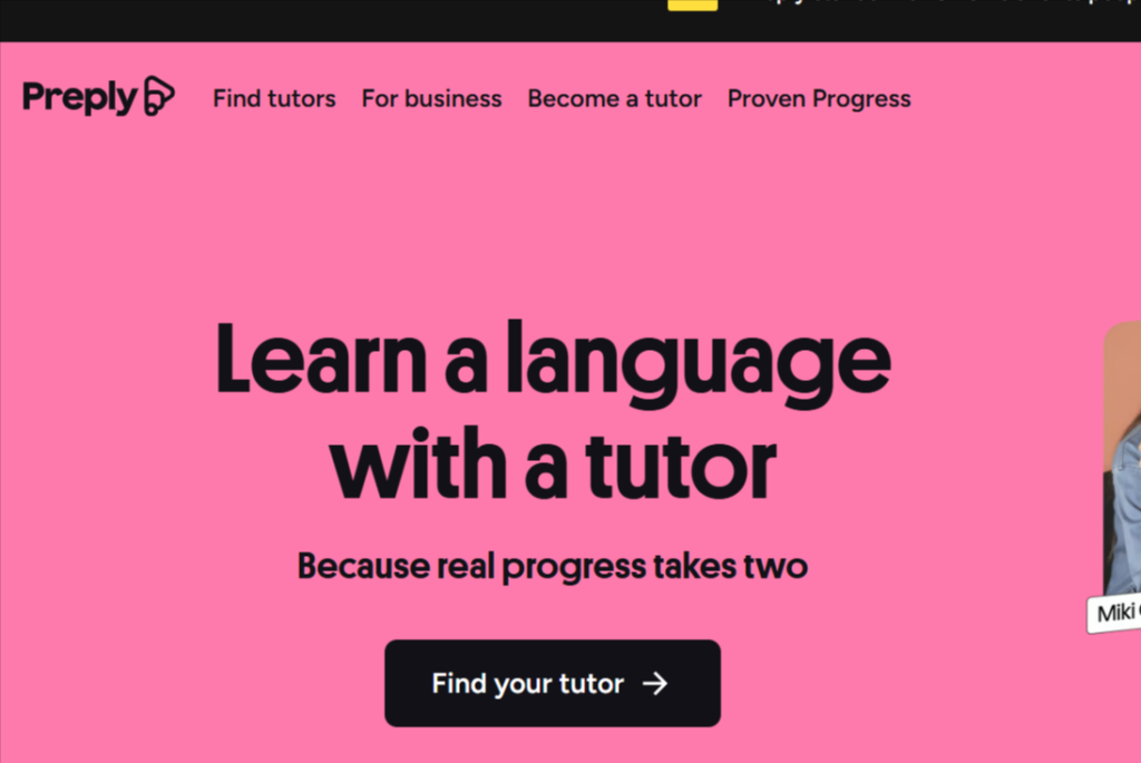 Preply homepage banner promoting language learning with online tutors and personalized one-on-one lessons.