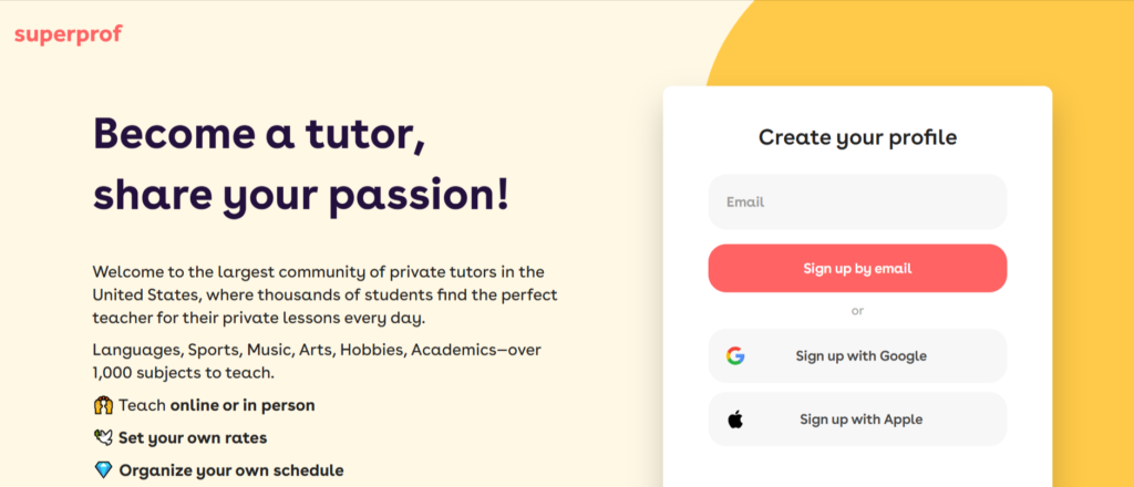 Superprof signup page promoting becoming a tutor, highlighting flexible teaching options, custom rates, and online or in-person lessons.